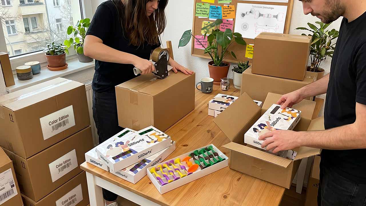 Zwei Personen verpacken SiliDarts in Versandkartons. Sie stehen dabei an einem Tisch in einer kleinen Wohnung mit Fenster.