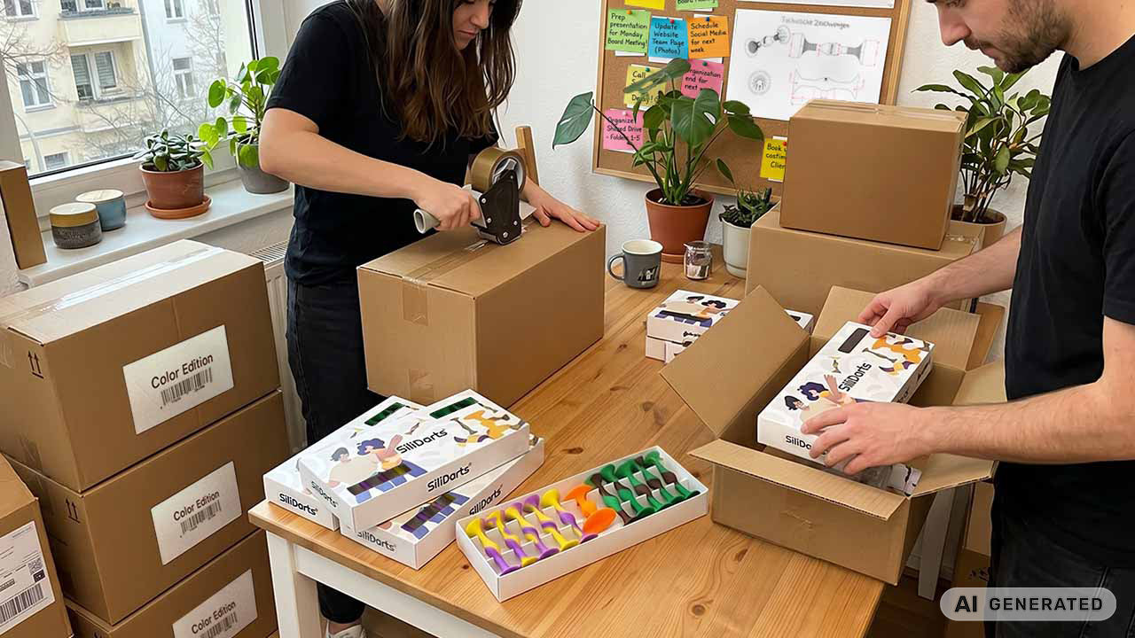 Zwei Personen verpacken SiliDarts in Versandkartons. Sie stehen dabei an einem Tisch in einer kleinen Wohnung mit Fenster. Das Bild ist KI generiert.