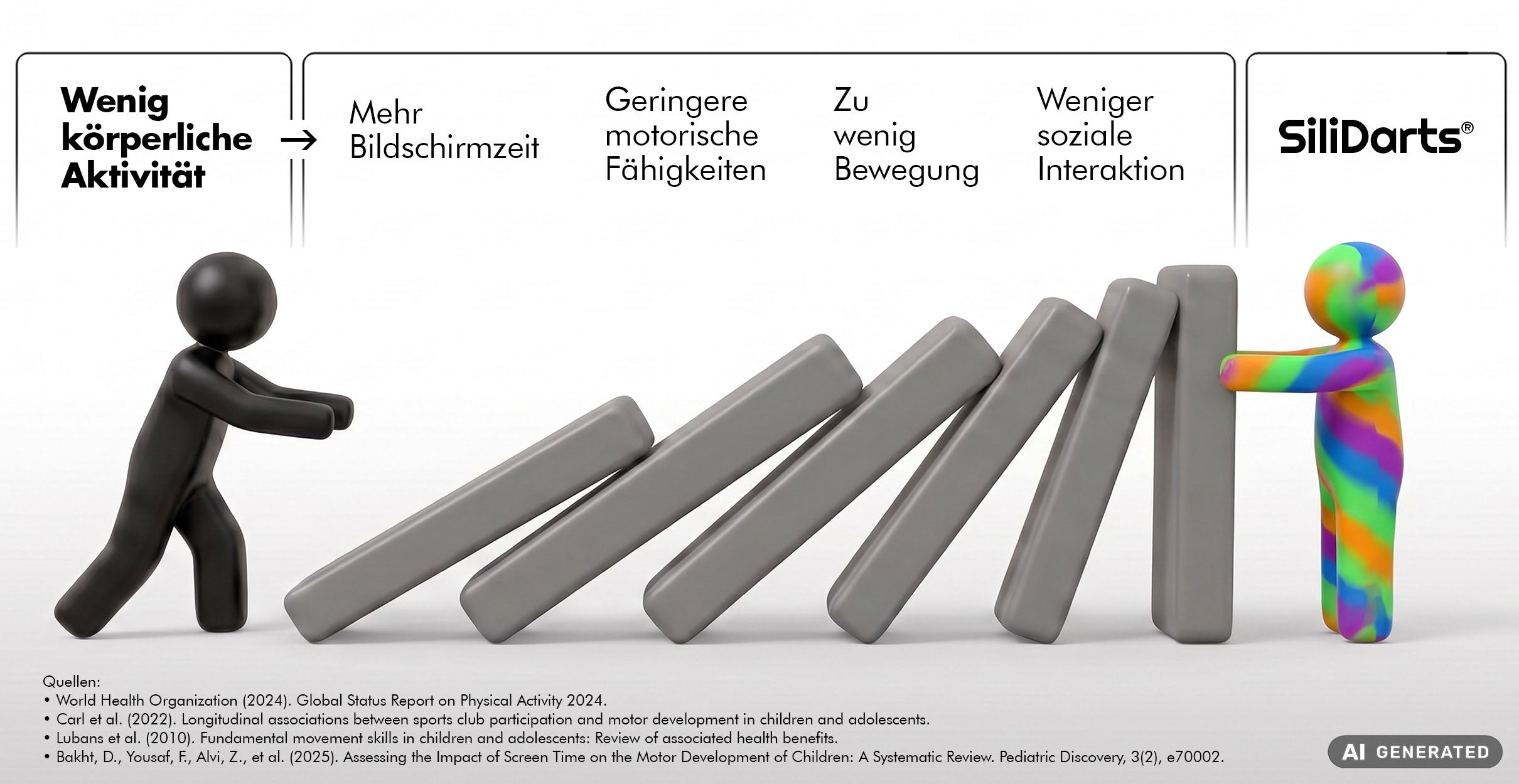 Umfallende Dominosteine die von einem farbigen Männchen, der SiliDarts darstellen soll, aufrecht gehalten werden. Die umfallenden Dominosteine stellen die möglichen negativen Folgen bei zu wenig körperlicher Aktivität dar. Das Bild ist KI generiert.
