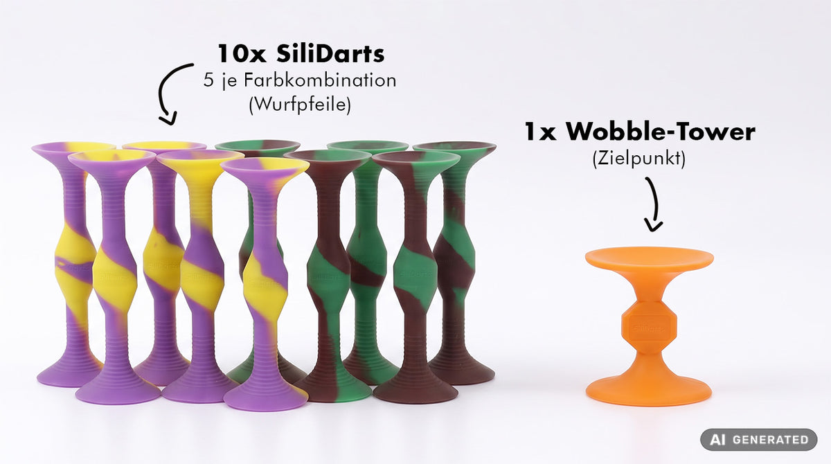 Elf teiliges SiliDarts-Set aufgestellt mit jeweiliger Beschriftung der Saugnäpfe. Links zehn SiliDarts und rechts ein Wobble-Tower. Das Bild ist KI generiert.