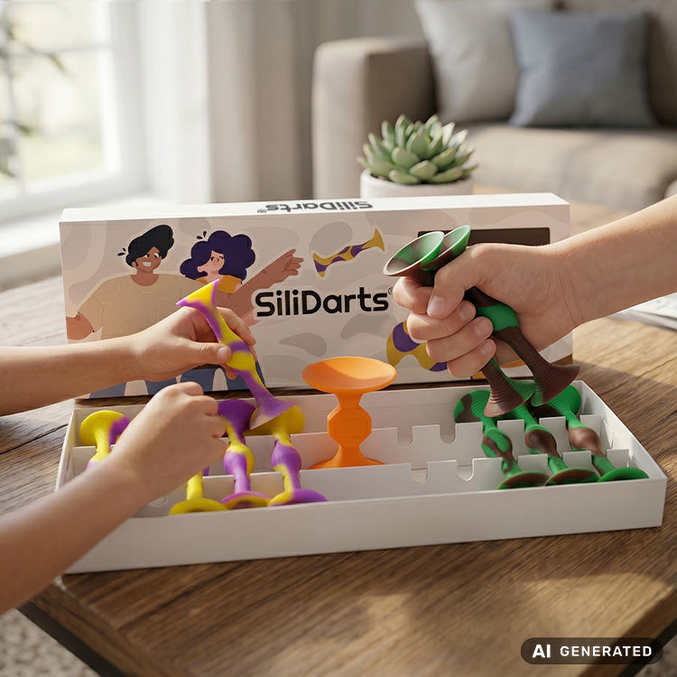 Offene Verpackung eines bunten Wurfspiels mit Saugnapf-Darts in verschiedenen Farben auf einem Holztisch im Wohnzimmer. Links sind zwei Arme zusehen, die sich aus der Verpackung einen Saugnapf-Dart genommen haben. Recht ist ein weiterer Arm, der zwei Saugnapf-Darts in der Hand hält. Das Bild ist KI generiert.