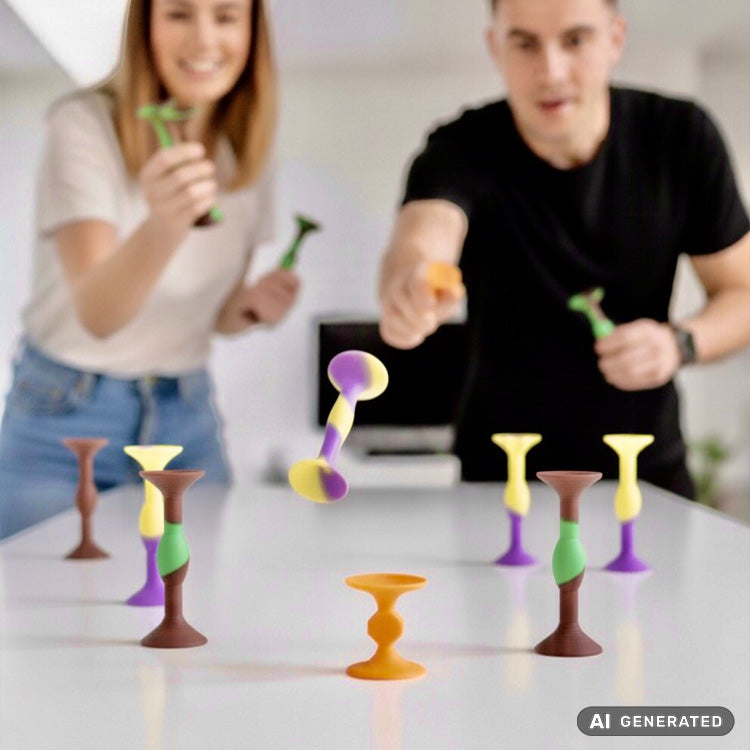 Zwei lachende Menschen, die an einem Tisch SiliDarts spielen. Das Bild ist KI generiert.