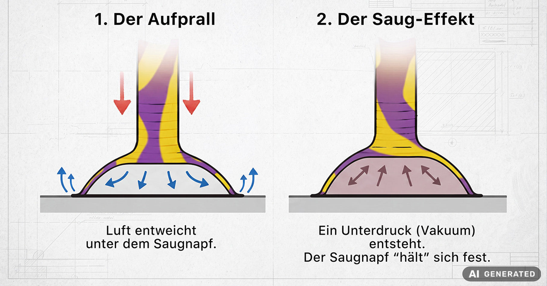 Grafik die die Saugfunktion eines Saugnapfes erklärt. Das Bild ist KI generiert.