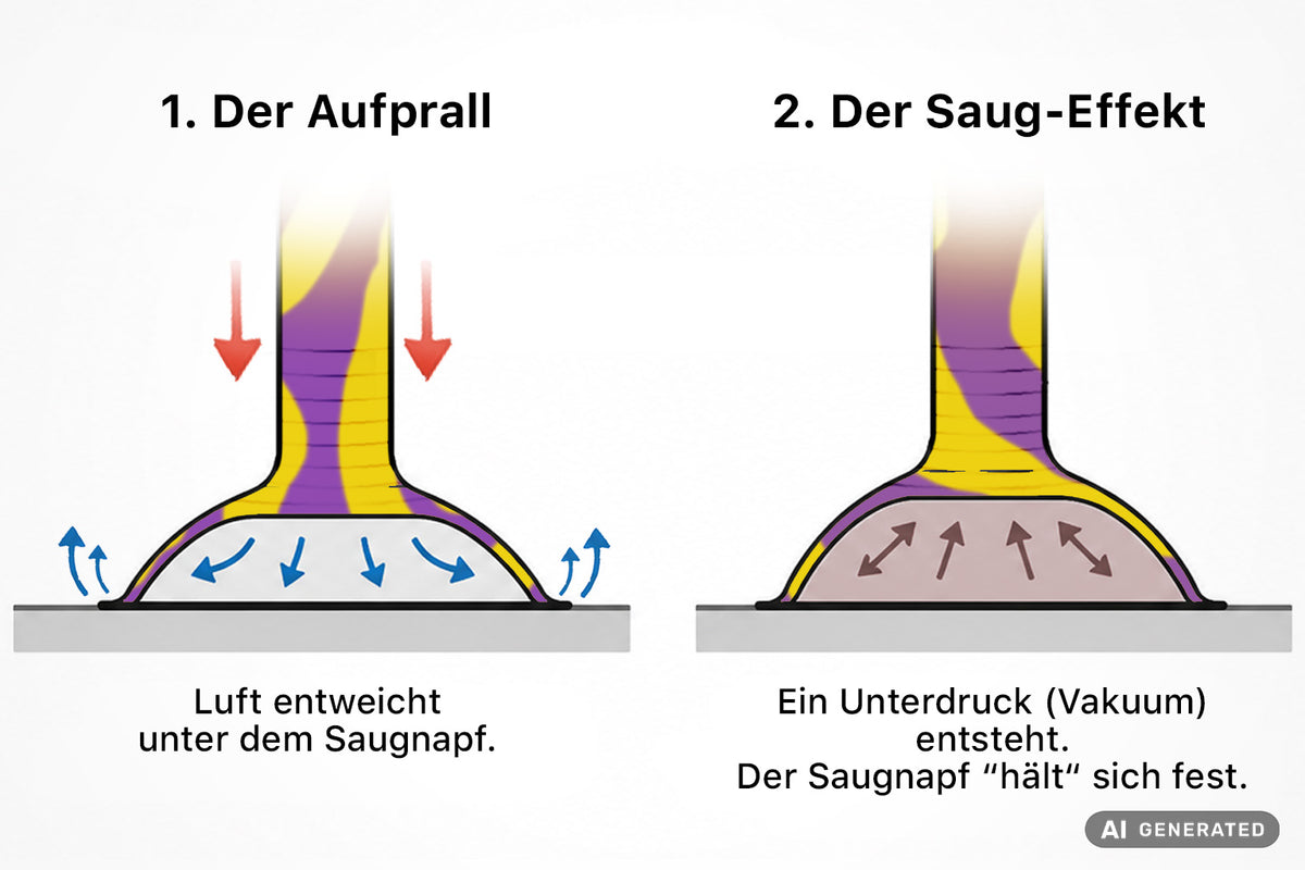 Grafik die die Saugfunktion eines Saugnapfes erklärt. Das Bild ist KI generiert.