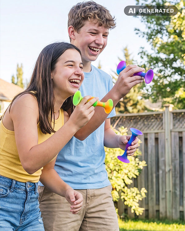 Zwei Jugendlichen, ein Mädchen im gelben Top und ein Junge im hellblauen T-Shirt, stehen lachend draußen im Garten bei Tageslicht. Beide halten bunte SiliDarts (Saugnapf-Wurfpfeile) in den Händen und haben Spaß beim Spielen im Freien. Das Bild ist KI generiert.