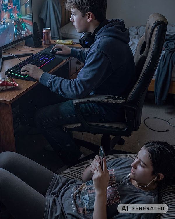 Gedimmtes Jugendzimmer. Im Hintergrund sitzt ein Junge mit Kopfhörern am Schreibtisch und spielt am Computer. Im Vordergrund liegt ein Mädchen entspannt auf einem Sitzsack, trägt In-Ear-Kopfhörer und blickt auf ihr Smartphone, welches sie nah an ihr Gesicht hält. Das Bild ist KI generiert.